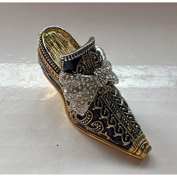 Enameled Set 2 Crystal Bejeweled Cloisonné High Heel Hinged Red Blue Trinket Box - Picture 9 of 14